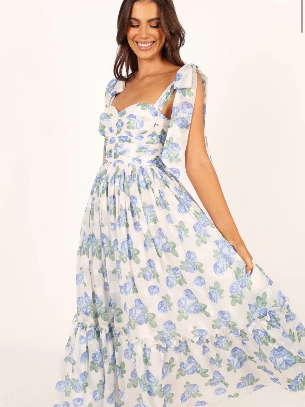 Petal & Pup White Maxi Dress with Blue Floral Tie-Straps - Picture 2 of 4